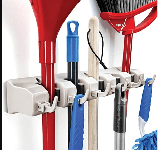 MOP AND BROOM HOLDER, 5 POSITION WITH 6 HOOKS 